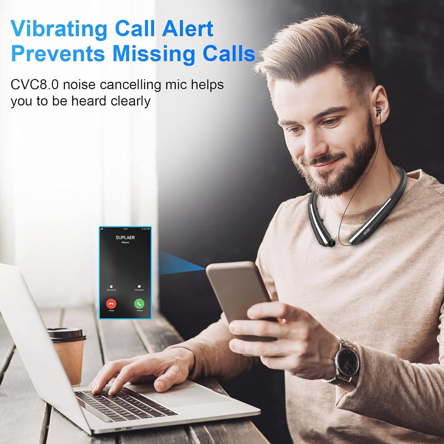 Bluetooth Headphones, Bluetooth 5.0 Neckband Wireless Headphones with CVC 8.0 Mic & Retractable Earbuds,Stereo Headset Earphones Compatible with Iphone Sony Samsung LG Android (Black)