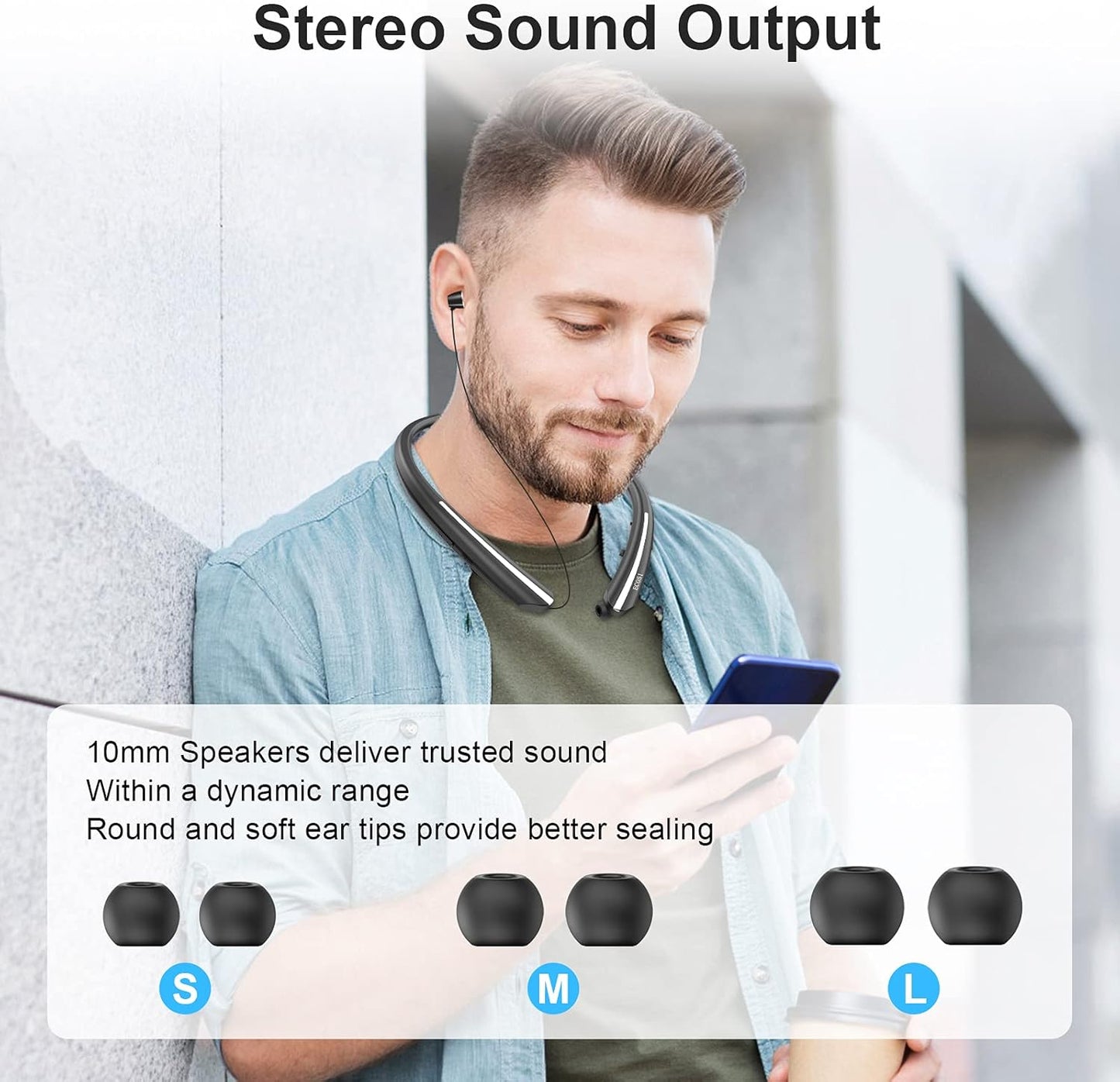 Bluetooth Headphones,  Bluetooth 5.0 Neckband Wireless Headphones with CVC 8.0 Mic & Retractable Earbuds,Stereo Headset Earphones Compatible with Iphone Sony Samsung LG Android (Black)