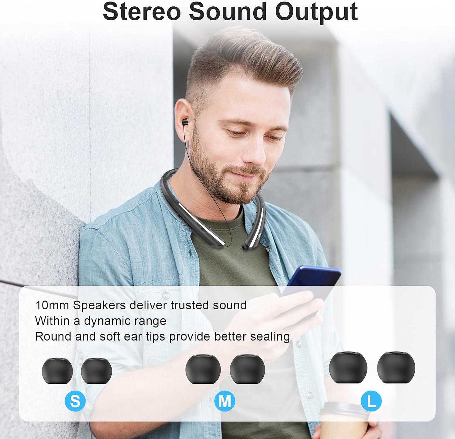 Bluetooth Headphones,  Bluetooth 5.0 Neckband Wireless Headphones with CVC 8.0 Mic & Retractable Earbuds,Stereo Headset Earphones Compatible with Iphone Sony Samsung LG Android (Black)