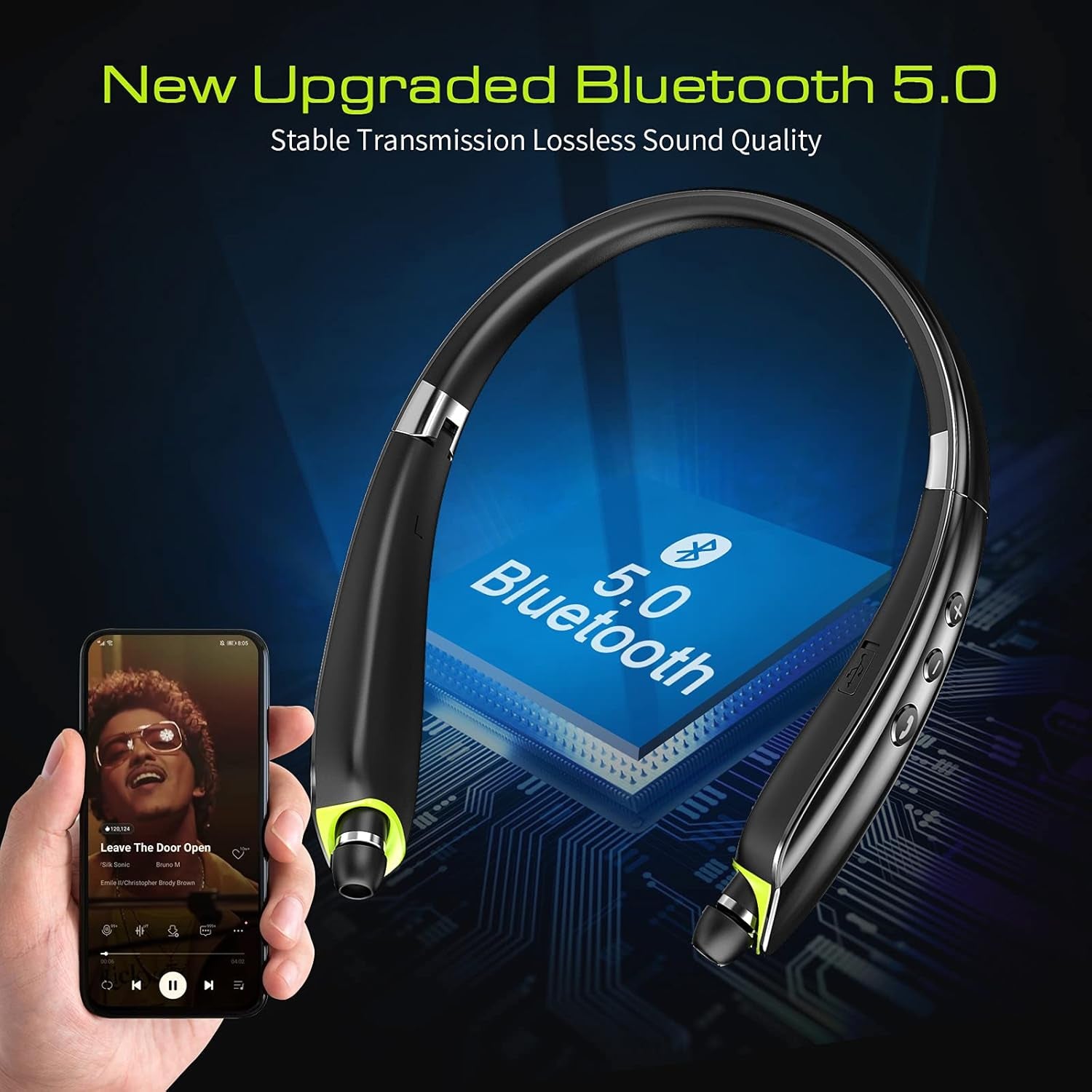 Bluetooth Headset, [2021 Upgraded] Neckband Bluetooth Headphones with Retractable Earbuds, Noise Cancelling Stereo Wireless Earphones with Mic for Sports Office (With Carry Case)