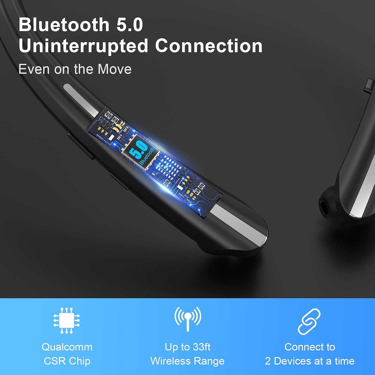 Bluetooth Headphones,  Bluetooth 5.0 Neckband Wireless Headphones with CVC 8.0 Mic & Retractable Earbuds,Stereo Headset Earphones Compatible with Iphone Sony Samsung LG Android (Black)
