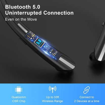 Bluetooth Headphones,  Bluetooth 5.0 Neckband Wireless Headphones with CVC 8.0 Mic & Retractable Earbuds,Stereo Headset Earphones Compatible with Iphone Sony Samsung LG Android (Black)