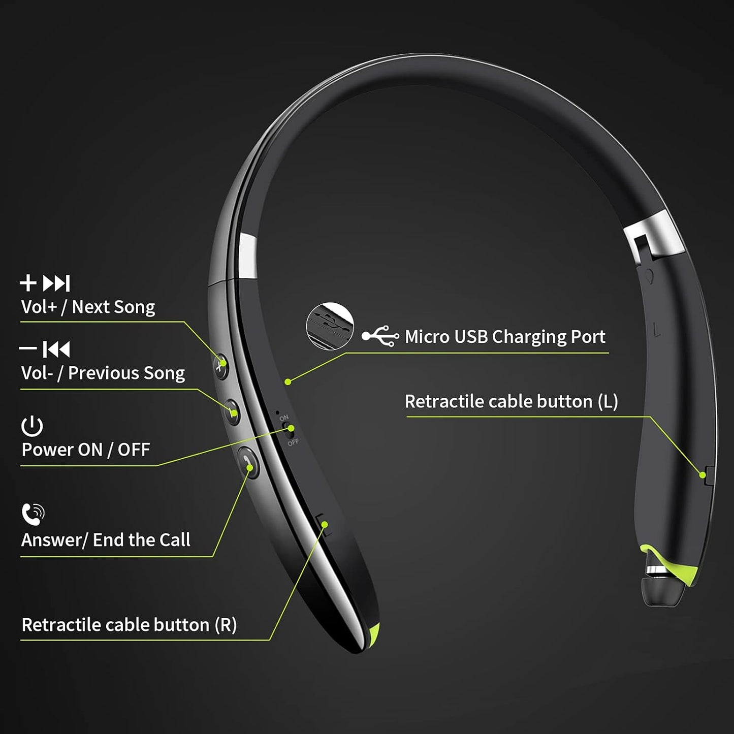 Bluetooth Headset, [2021 Upgraded] Neckband Bluetooth Headphones with Retractable Earbuds, Noise Cancelling Stereo Wireless Earphones with Mic for Sports Office (With Carry Case)