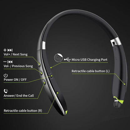 Bluetooth Headset, [2021 Upgraded] Neckband Bluetooth Headphones with Retractable Earbuds, Noise Cancelling Stereo Wireless Earphones with Mic for Sports Office (With Carry Case)