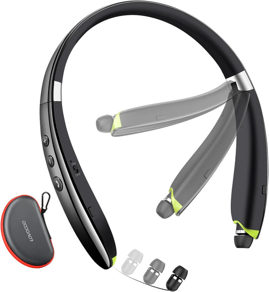 Bluetooth Headset, [2021 Upgraded] Neckband Bluetooth Headphones with Retractable Earbuds, Noise Cancelling Stereo Wireless Earphones with Mic for Sports Office (With Carry Case)