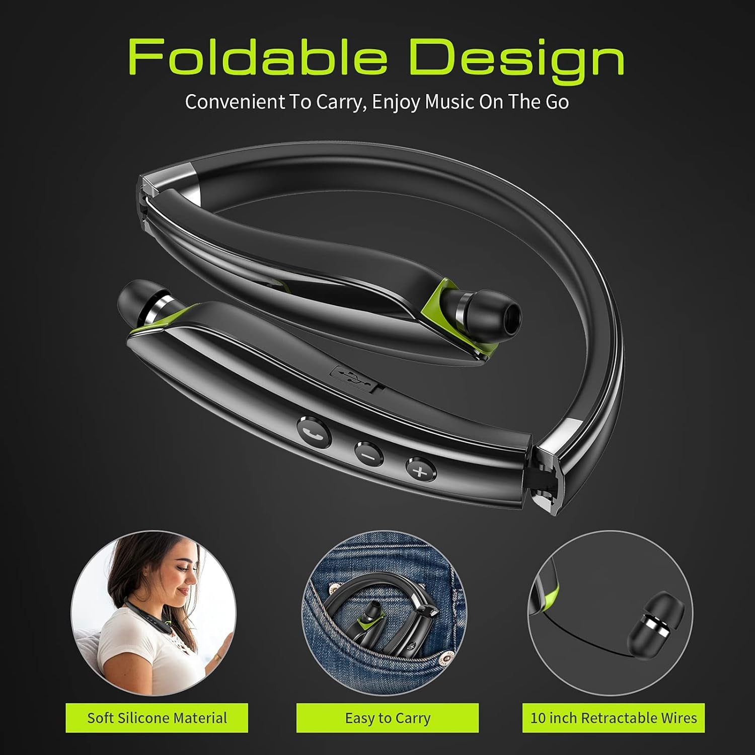 Bluetooth Headset, [2021 Upgraded] Neckband Bluetooth Headphones with Retractable Earbuds, Noise Cancelling Stereo Wireless Earphones with Mic for Sports Office (With Carry Case)