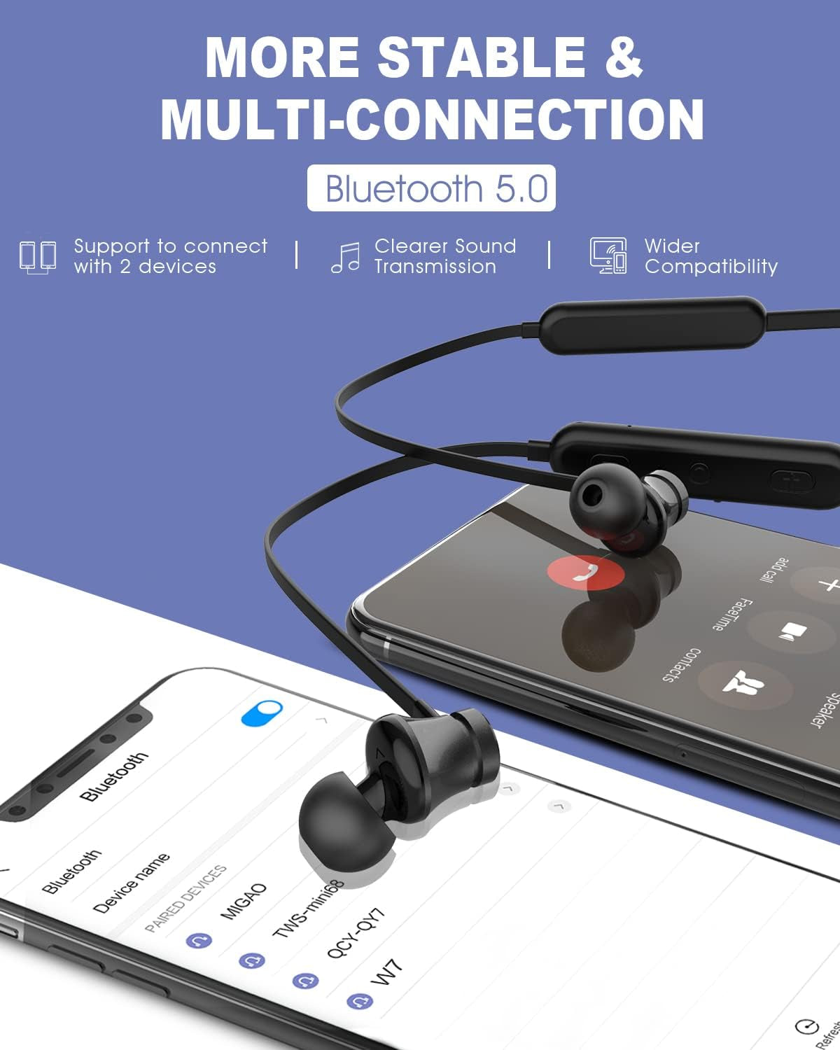 Bluetooth Headphones Neckband 20Hrs Playtime V5.0 Wireless Headset Sport Noise Cancelling Earbuds W/Mic for Gym Running Compatible with Iphone Samsung Android (Matte Black)